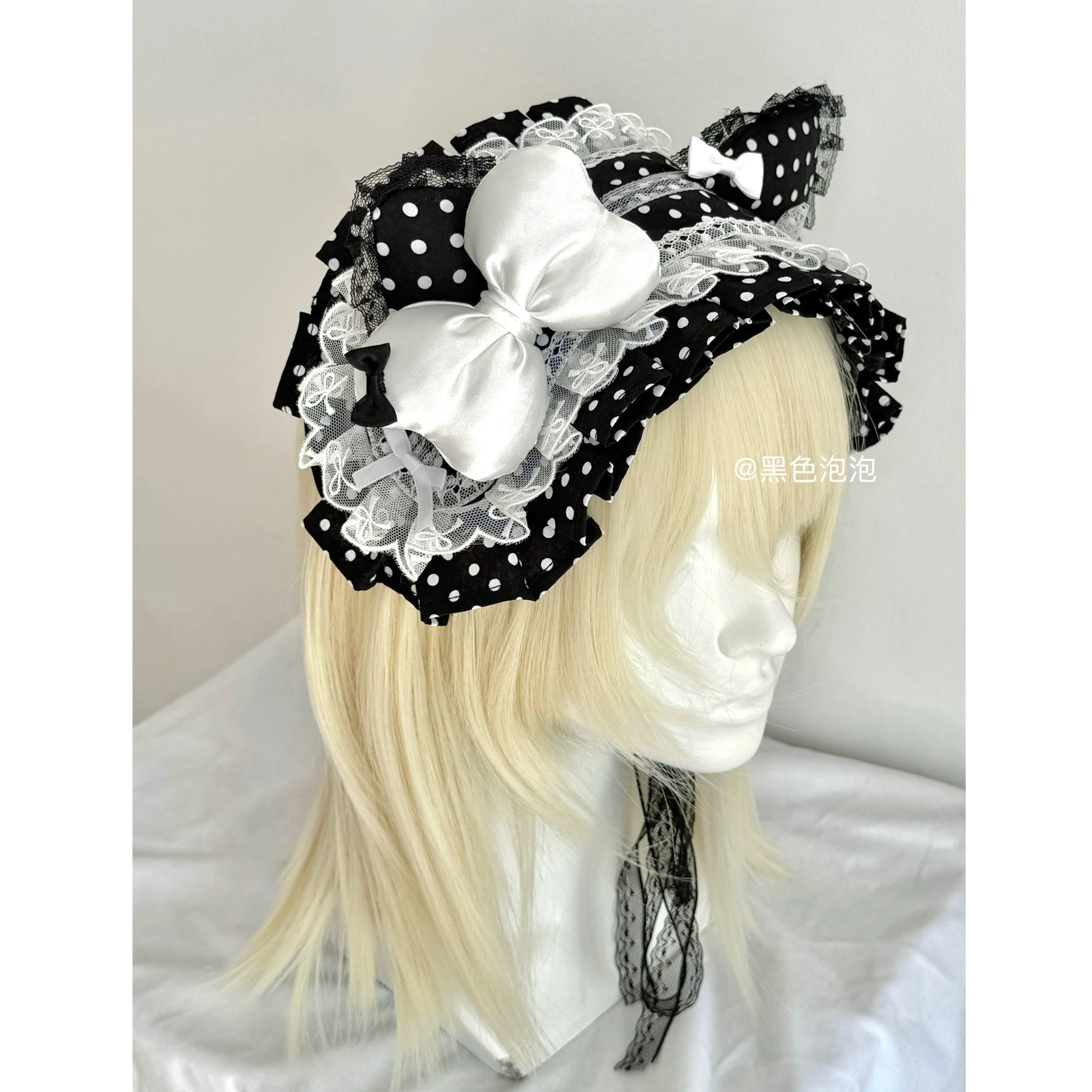Japanese Original Handmade Lolita Black Polka Dot Cartoon Cat Ear Hairband Headwear Y2K Subculture Sweet Girl Lace Accessories