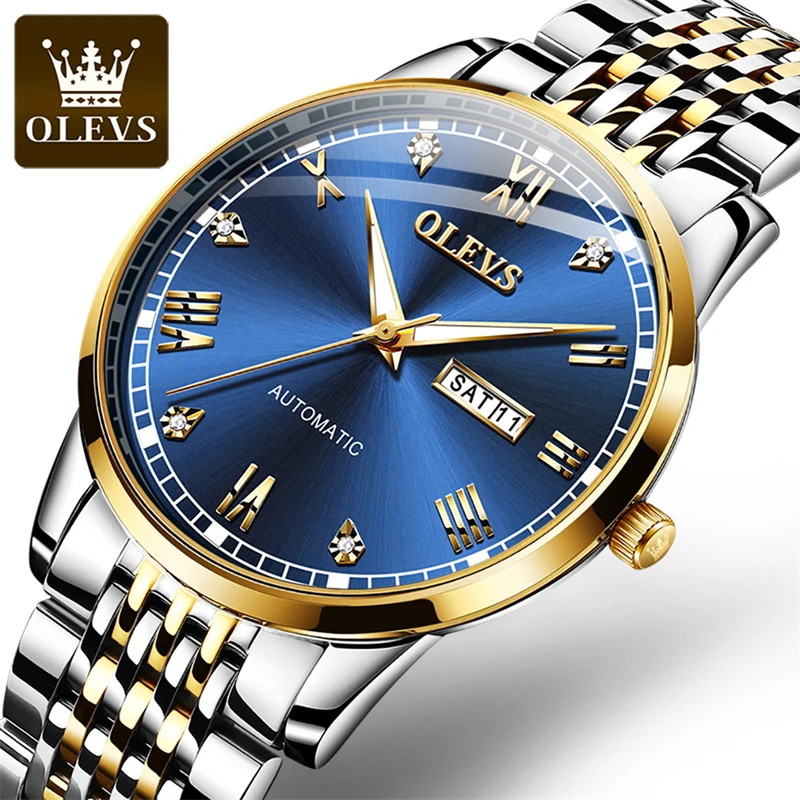 

OLEVS Fashion Blue Mechanical Watch for Men Stainless Steel Waterproof Calendar Automatic Mens Watches Top Brand Luxury Watch