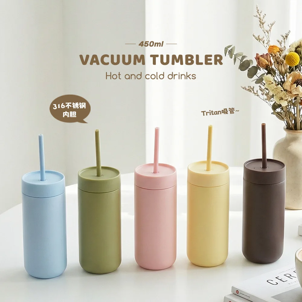 450ml THERMOS Cup/MUG With Straw,Double-layer Stainless Steel Vacuum Drinking Set,Portable Straight-sided Thermal Water Bottle