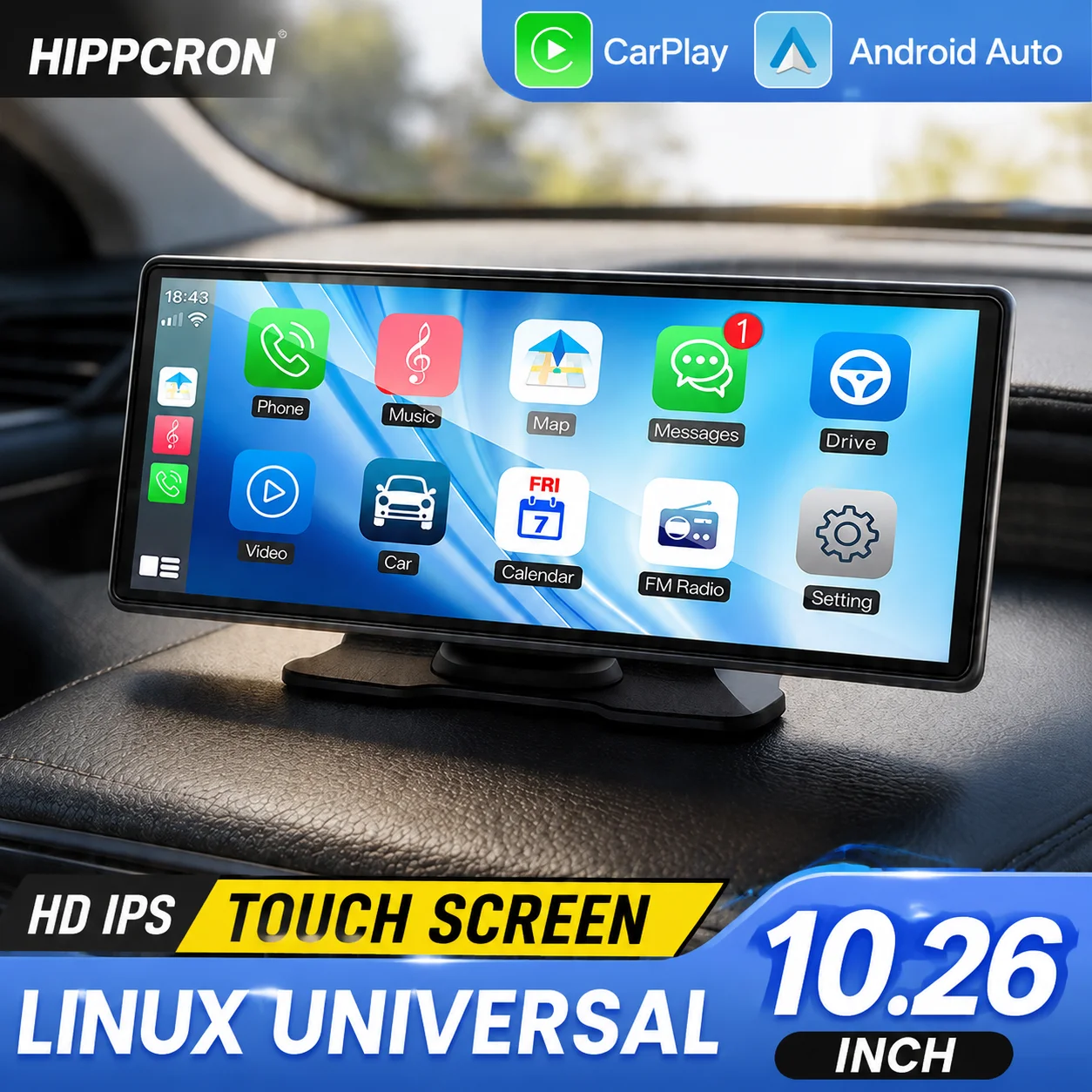Hippcron 10.26-inch car radio multimedia player Bluetooth FM high-definition IPS screen wireless CarPlay Android car USB