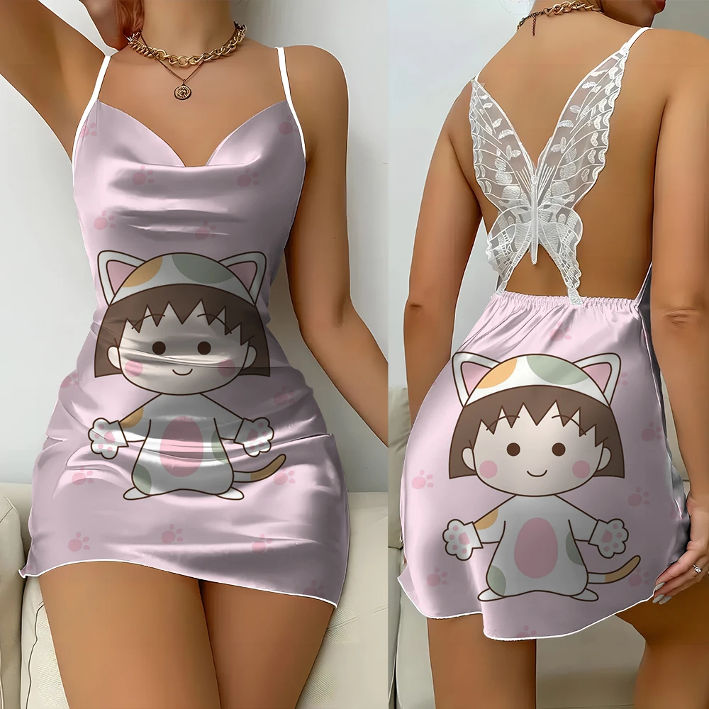 Pijamas decorados con mariposas para mujer, ropa sexy, vestido de superficie de seda con estampado de anime Maruko, minifalda ajustada sin espalda