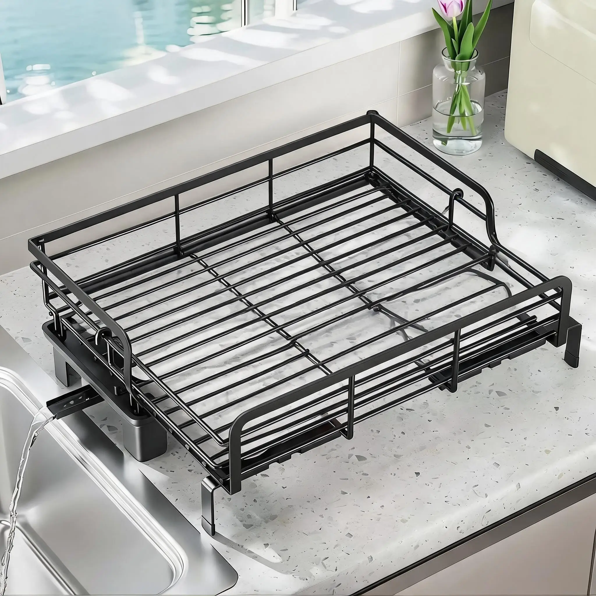 Extendable Dish Rack - Drainboard,V-Shaped Card Slot,Rustproof - Large Extendable Dish Rack Perfect For Apartments, RVs And Small Spaces