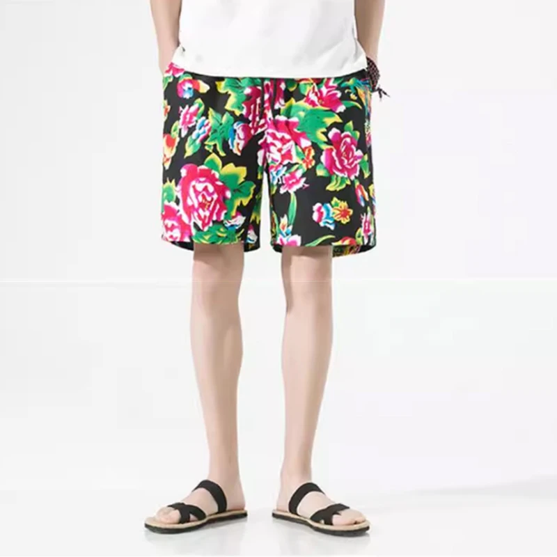 2024 Summer New Men\'s Beach Shorts Fashion Chinese Style Large Flowers Printed Casual Straight Shorts