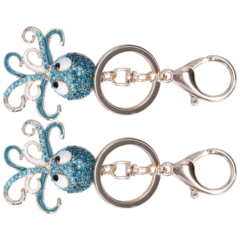 2pcs Present Blue Octopus Keychain Sparkling Octopus Shaped Rhinestone Keyring Animal Keychain Bag