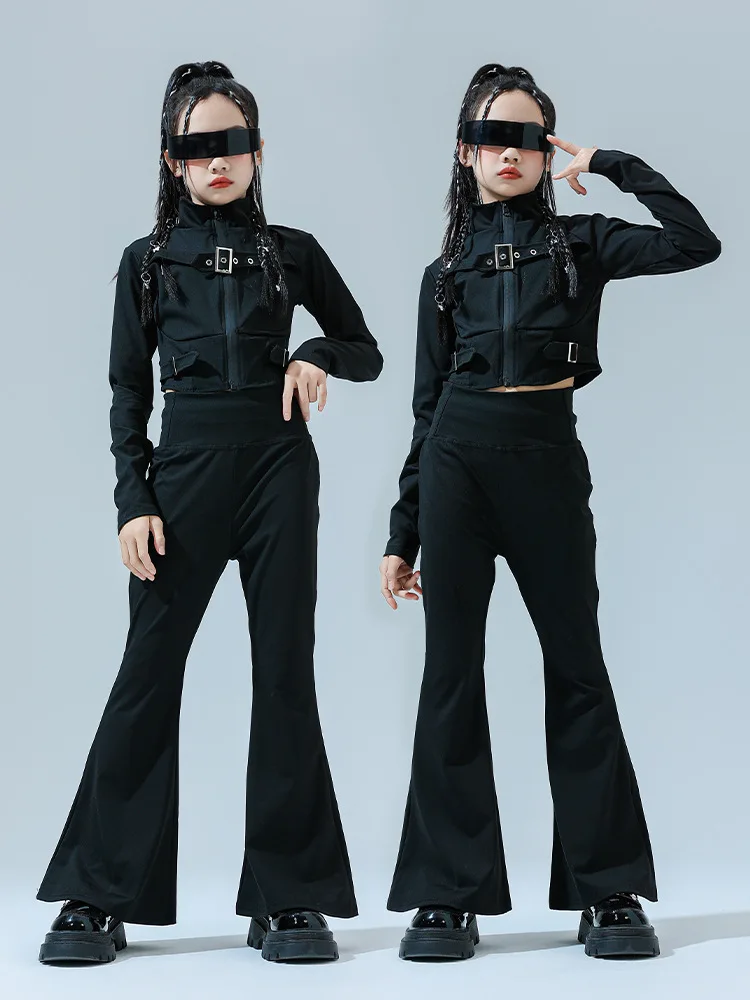 

Kid Hip Hop Clothing Black Strap Zip up Crop Top Long Sleeve Shirt High Waist Flared Pants for Girl Jazz Dance Costumes Clothes