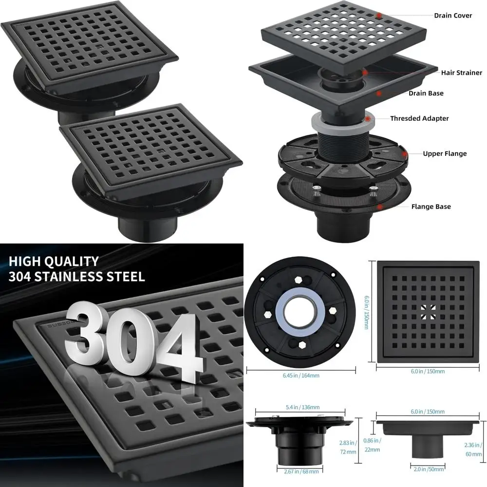 

Stainless Steel Shower Drain Set - 6 Inch Square, Removable Grille, Hair Catcher, 2 Pack, Premium Quality, Easy Installation
