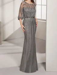 Customized Grey Mermaid Half Sleeves Beaded Luxury Dubai Evening Dresses Gowns For Women Party 2024