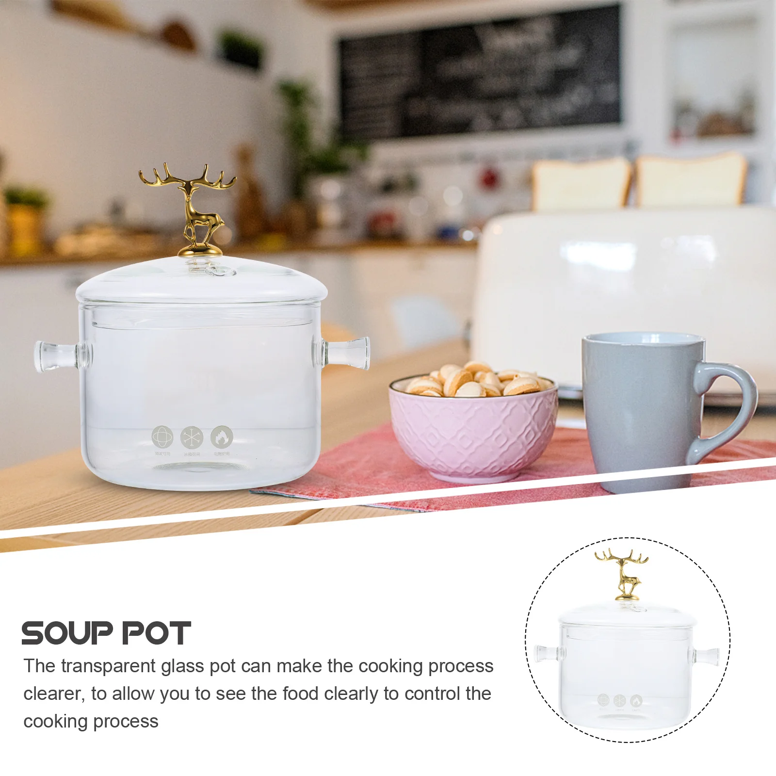 

High Borosilicate Glass Double Ear Stockpot Elk Design Lid Clear Soup Pot Heat Resistant Kitchen Cookware Cooking Pot Home