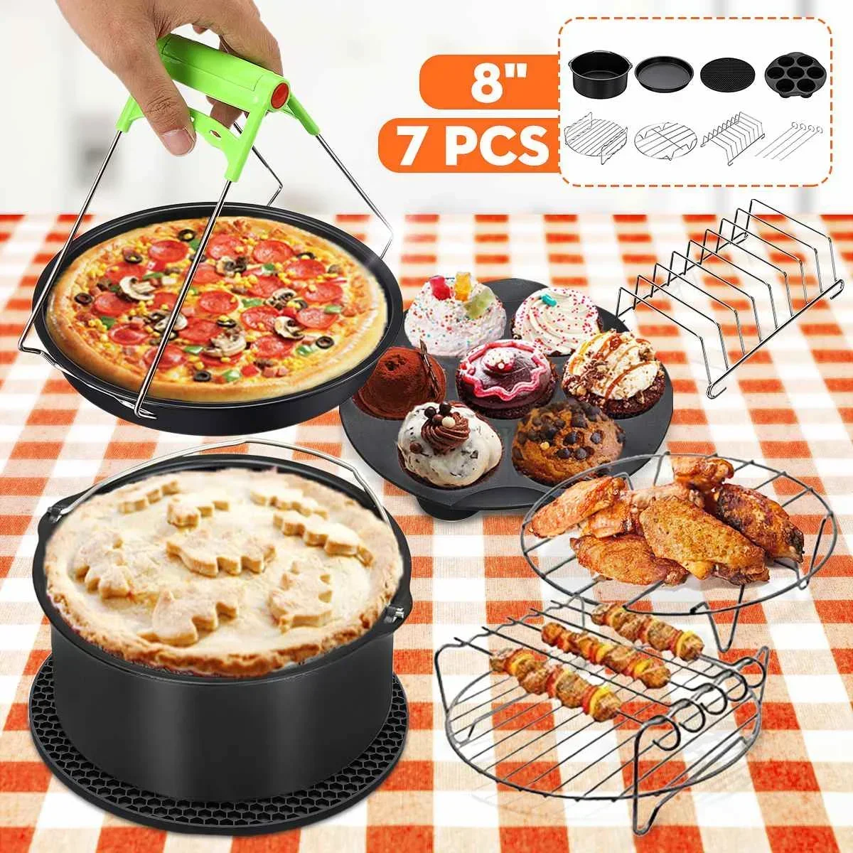 8'' Silicone Deep Fryer Cake Barrel Pizza Pan Home Grill Cooking Tools For 5.2~5.8QT  7-in-1 Deep Fryer Accessories Set