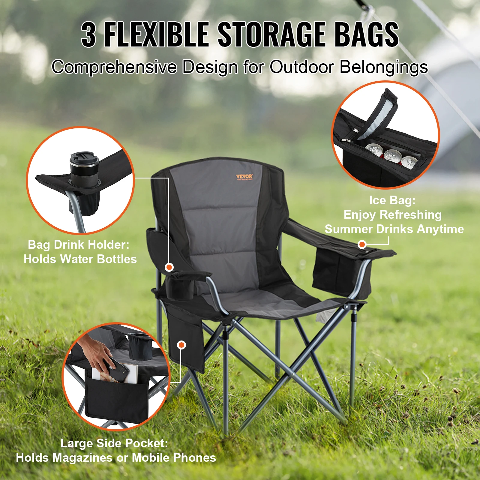 VEVOR Camping Folding Chair for Adults, Portable Heavy Duty Outdoor Quad Lumbar Back Padded Arm Chairs w/Side Pockets,Cup Holder