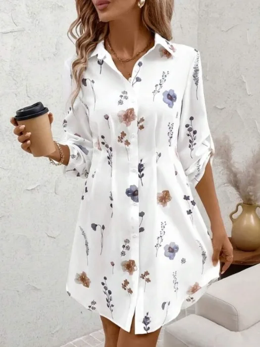 

Autumnal Floral Patterned Long Sleeve Collar Single Button Fashionable Commuter Mid-Length Shirt Women's Street Style Po...