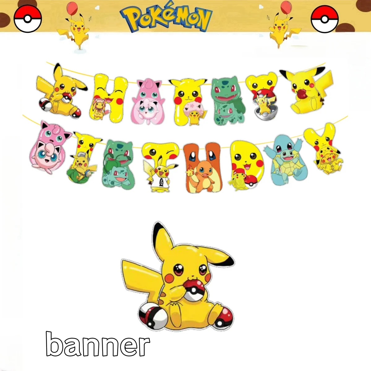 Pancarta de Feliz Cumpleaños de Pokémon para niños, decoración de fiesta, Pikachu, Baby Shower, regalos para niños, suministros de decoración