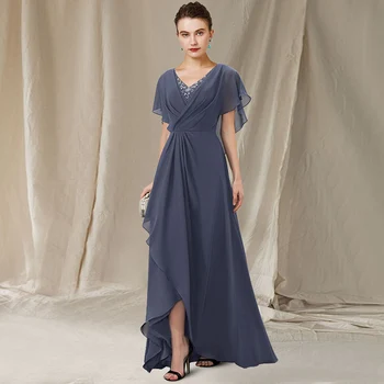 Bir çizgi anne gelin elbiseler Vintage V boyun kat uzunluk asimetrik şifon kısa kollu dantel basamaklı Ruffles