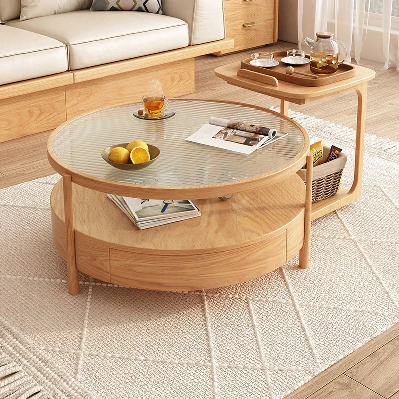 Coffee table living room household double-layer solid wood round edge few log cream wind Changhong glass tea table