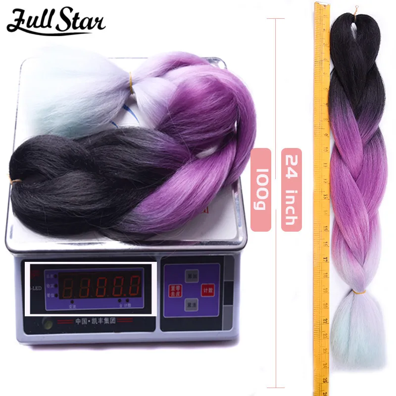 Full Star-Jumbo Braid extensões de cabelo sintético para mulheres, trança yaki ombre, cor amarela e laranja, cabelo falso, 24 ", 100g, 1 pacote