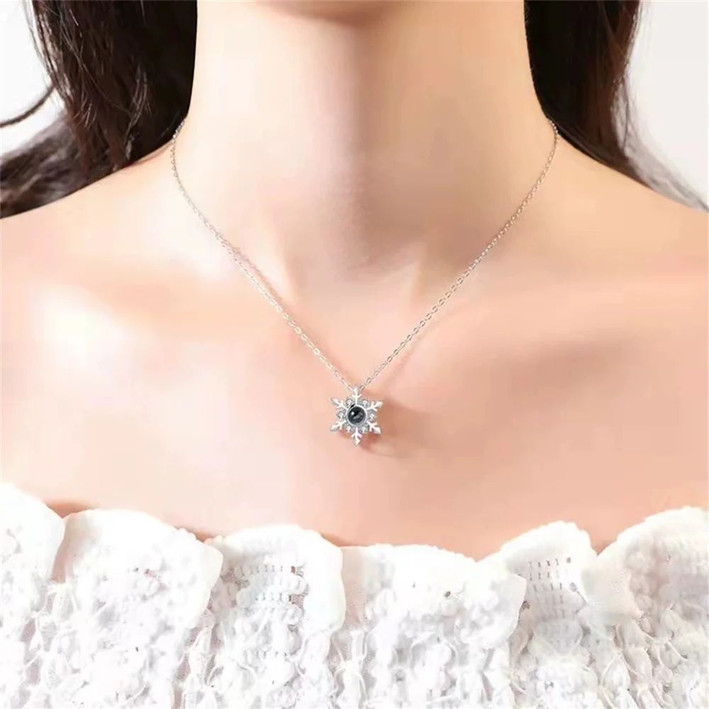 Punk Cute Snowflake Charm Pendant Female Silver Color Stainless Steel 100 Languages I Love You Necklace for Women Jewelry Gift