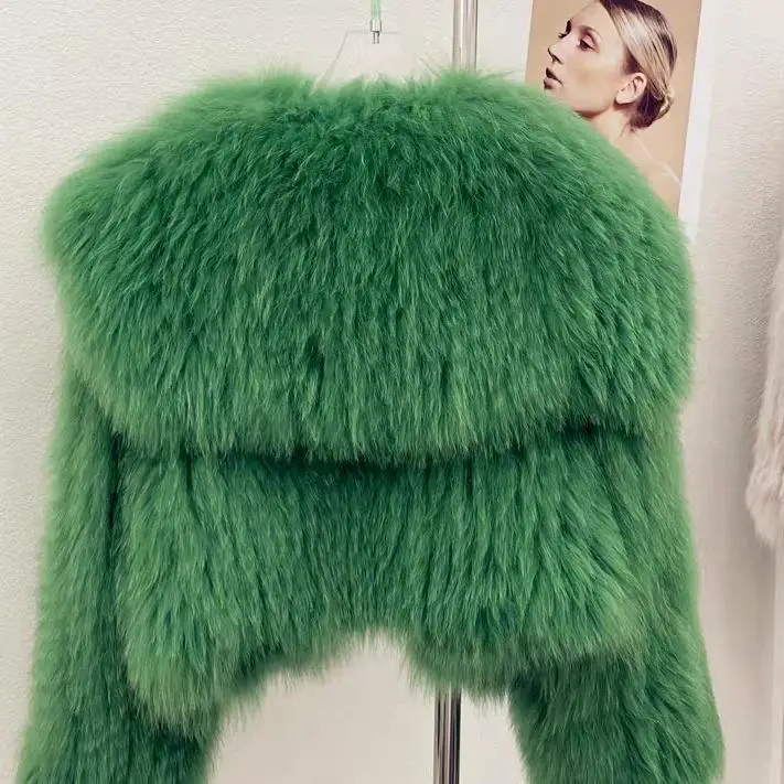 Jaqueta Fena Curta Estilo Jovem com Gola Azul-Marinho e Pele Sintética de Raposa, Versão Coreana, Ecológica, Ajuste Solto...