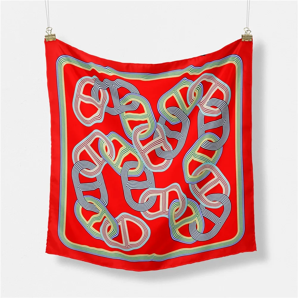

Twill Silk Scarf Woman Chain Print Square Scarves Wraps Bandana Small Hijab Foulards Lady Tie Headband Neckerchief 53CM
