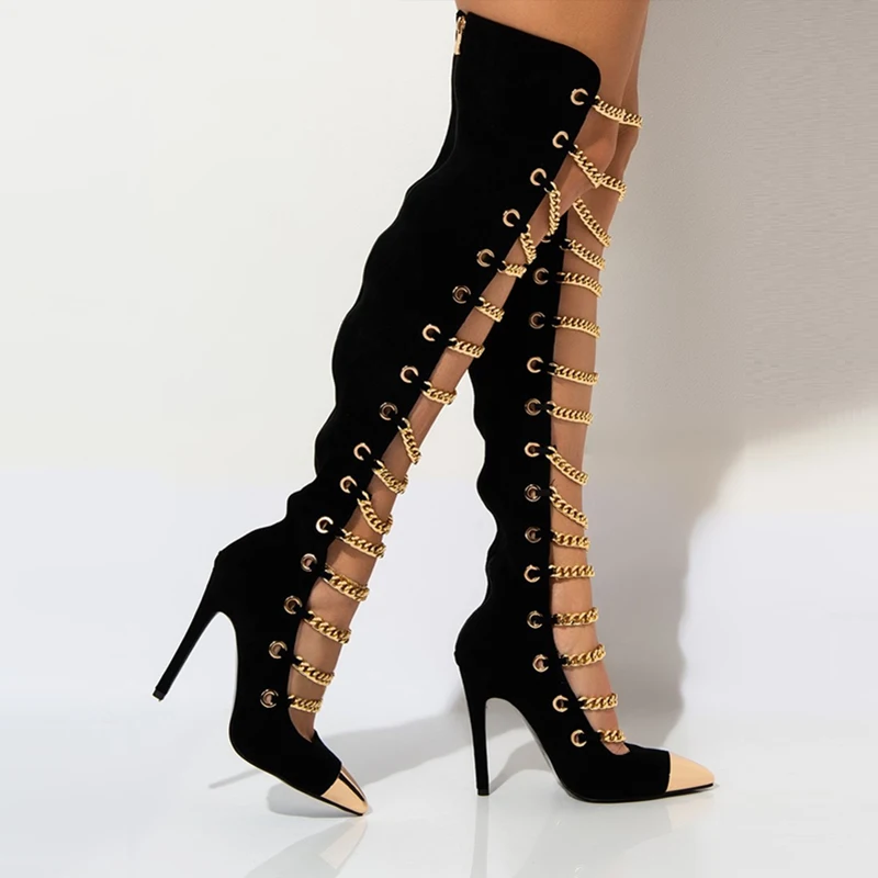 

Sexy High Heels Women Boots Shoes 2024 Punk Style Gold Chains Cross Hollow Over Knee Boots Metal Toe Stage Rock Boots