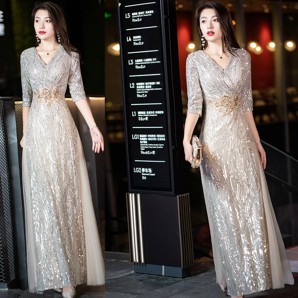 Champagne Straight Evening Party Dress Gown Female Bling Sequins V-Neck Sexy Qipao Mesh 3/4 Sleeve Cheongsam Zipper Vestidos