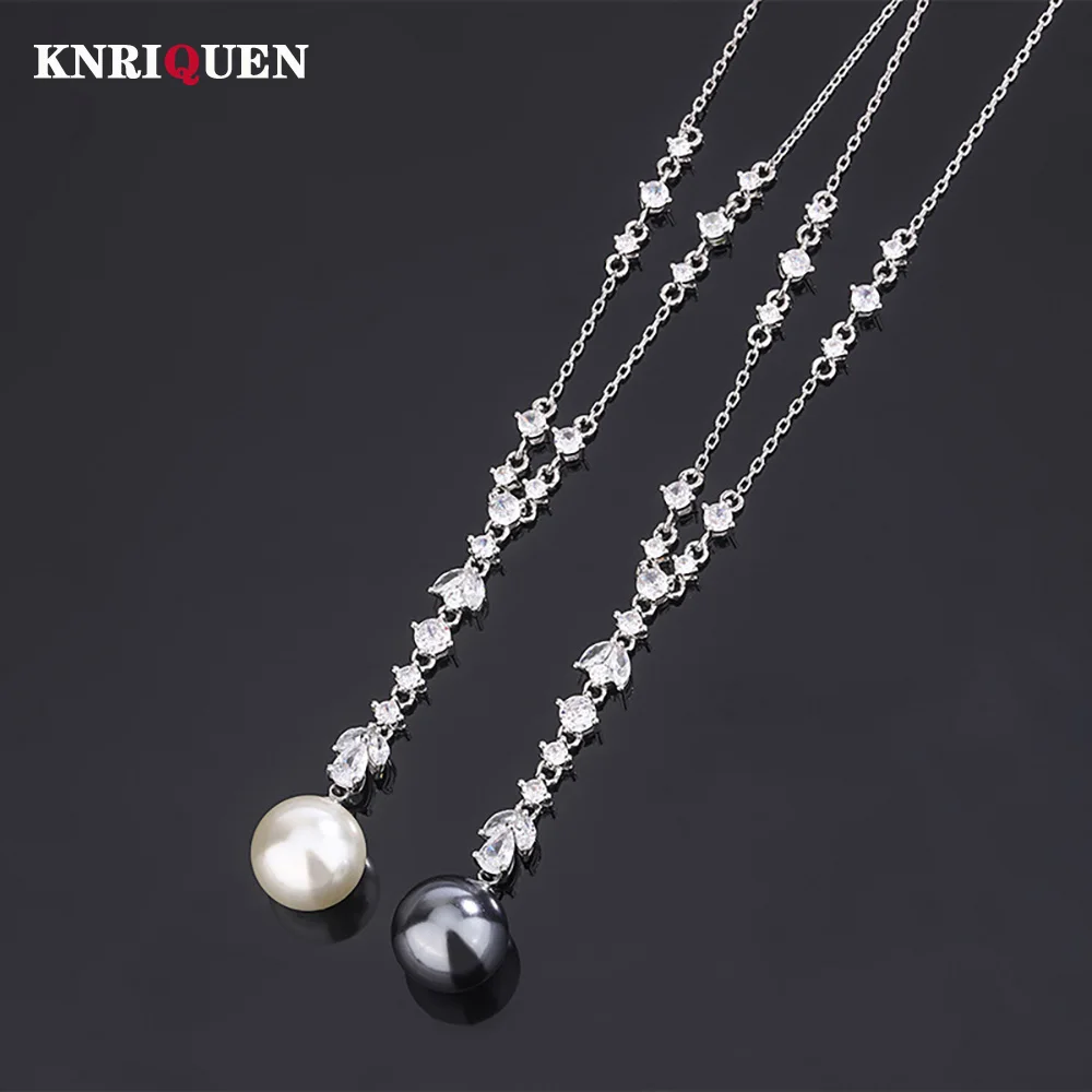 

Luxury 14mm Black White Big Pearl Tassel Pendant Necklace for Women Lab Diamonds Elegant Anniversary Gift Party Fine Jewelry