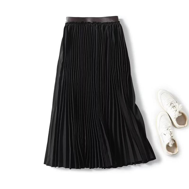 YENKYE Women Faux Leather Patchwork High Waist Pleated Skirt Office Lady Elegant Midi Skirts Black faldas mujer