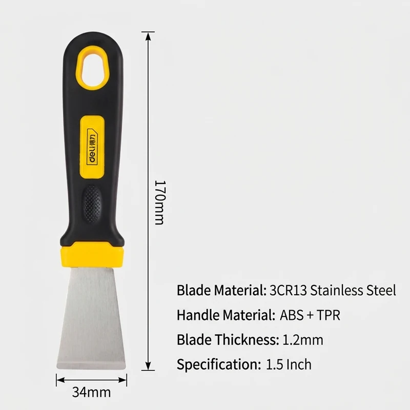 1.5inch 1.2mm Thick Grease Scraper Straight/Curved Edge 3CR13 Stainless Steel ABS+TPR Handle for Oil Glue Removal Home DIY