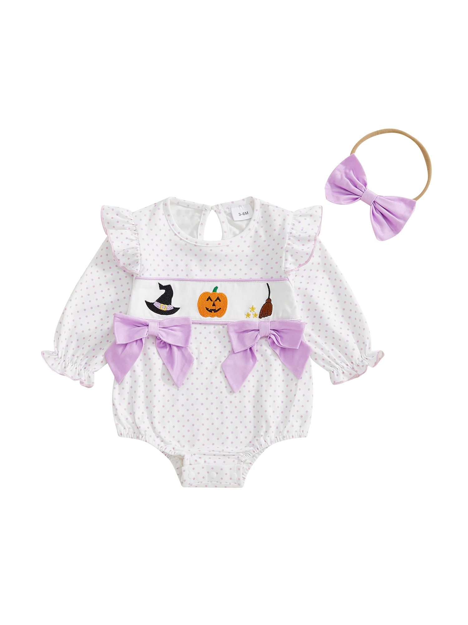 

Костюм на Хэллоуин для младенцев, шляпа ведьмы с длинными рукавами и круглым вырезом, комбинезон с вышивкой тыквы и подходящей повязкой на голову для маленькой девочки