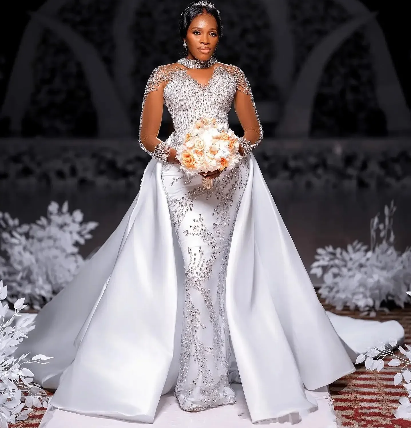 

uxury Mermaid Wedding Dresses for Bride High Neck Crystals Beads Women African Aso Ebi Bridal Gowns With Removable Satin Skirt