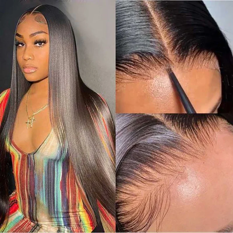 Wear And Go Glueless Wigs Straight Lace Front Wigs Pre Plucked Pre Cut 4x4 Lace Closure Wigs Synthetic Long Straight Lace Wig