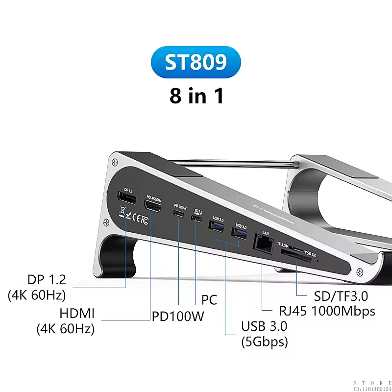 8 Port 8 in 1 Laptop Hub Adapter Aluminum Laptop Stand Type C Network Card with USB C MST HDTV DP 4K 60Hz Hub Docking Station