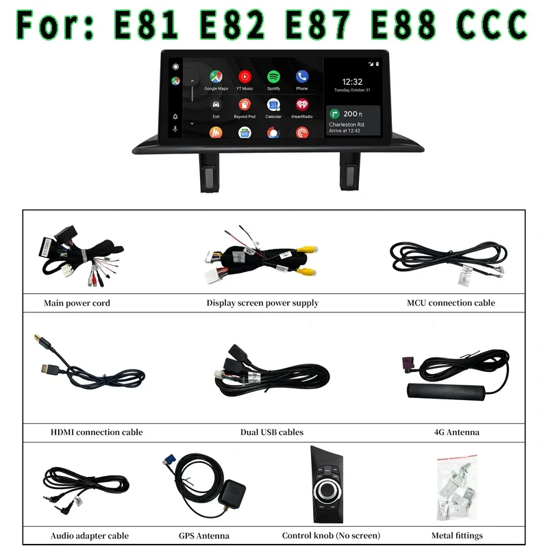 10.25 Inch Radio Replacement Screen for E81 E82 E87 E88 CCC with Apple CarPlay Wireless Android Auto Mirroring Wi-Fi 4G Navigati