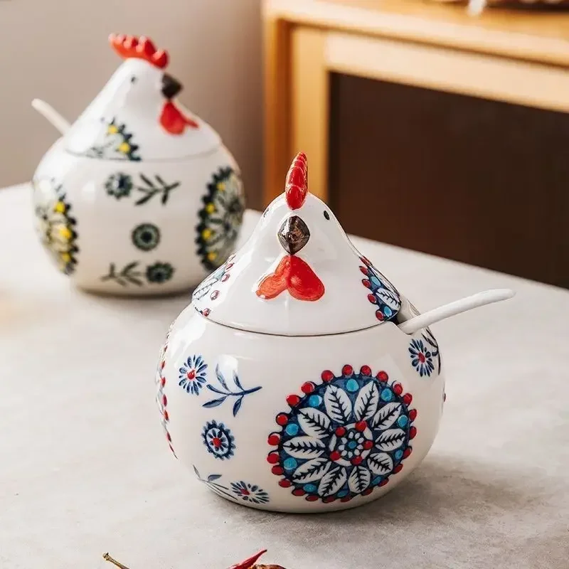 Ceramic Seasoning Pot Rooster Style Kitchen Household High-end Moistureproof Seasoning Salt Box Spicy Pot with Lid with Spoon