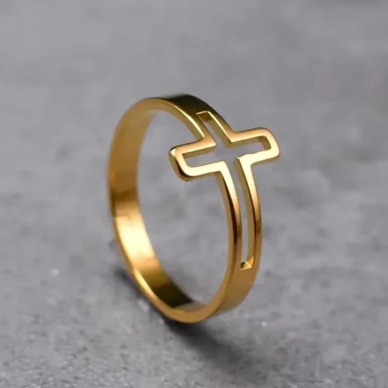 Christian Christ Jesus Cross Ring Stainless Steel Gold Color Lord Prayer Catholic Rosary Church Rings Jewelry Anillo Open Size