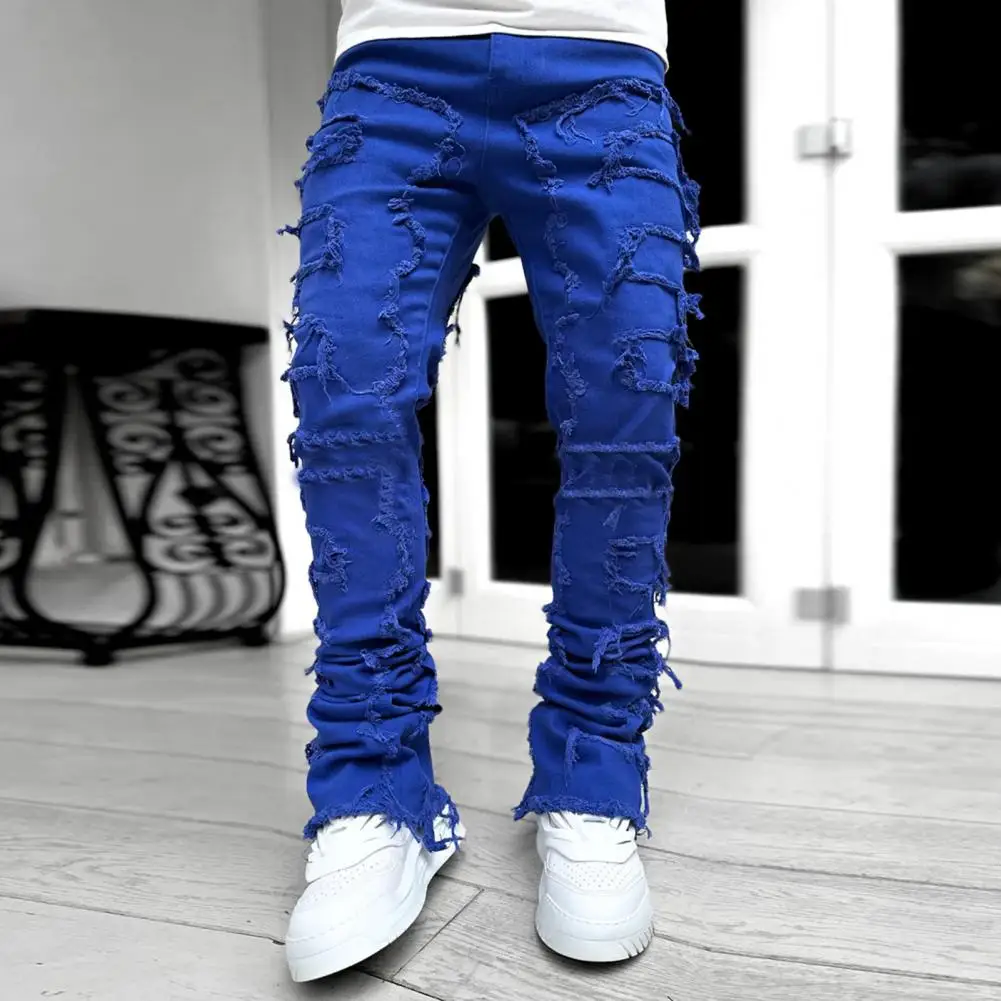 

Men Jeans with Distressed Patches Stylish Men's Patchwork Jeans Comfortable Fashionable Long Pants for Daily Wear for Men