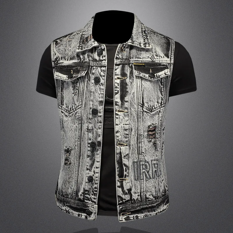 2024 new high quality fashion snowflake wash denim waistcoat men sleeveless waistcoat slim-fit biker vest Acetate S-4XL