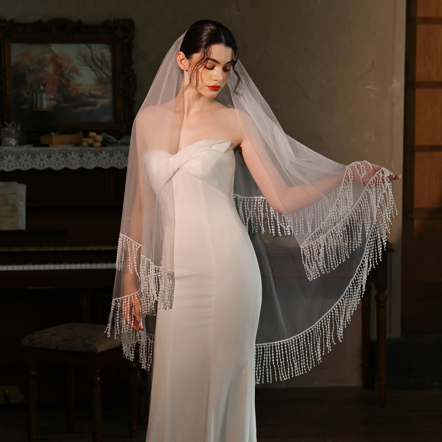 

V523 White Double-Layered Tassel Bridal Veil European Style High-Transparency Outdoor Photography Headwear for Wedding Gowns