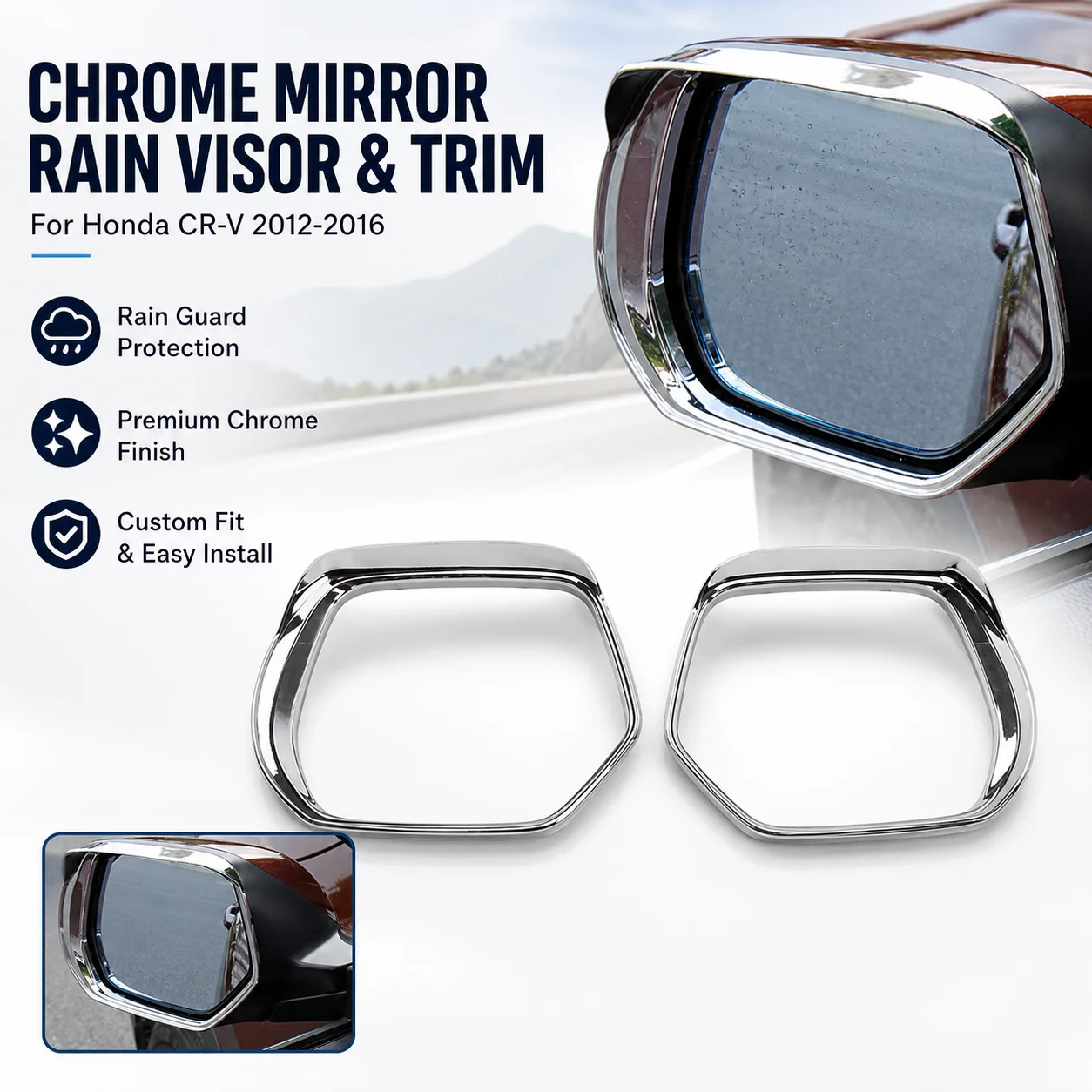 Chrome Rearview Mirror Rain Visor and Trim Frame for Honda CR-V 2012-2016