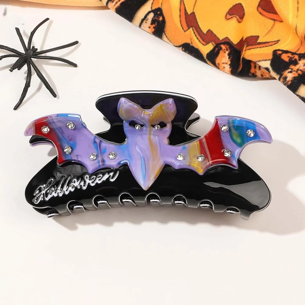 Personalized Acrylic Halloween Shark Clip Waterproof Contrast Color Skull Shark Clip Witch Hat Bat Acetic Acid Hair Claw Cosplay