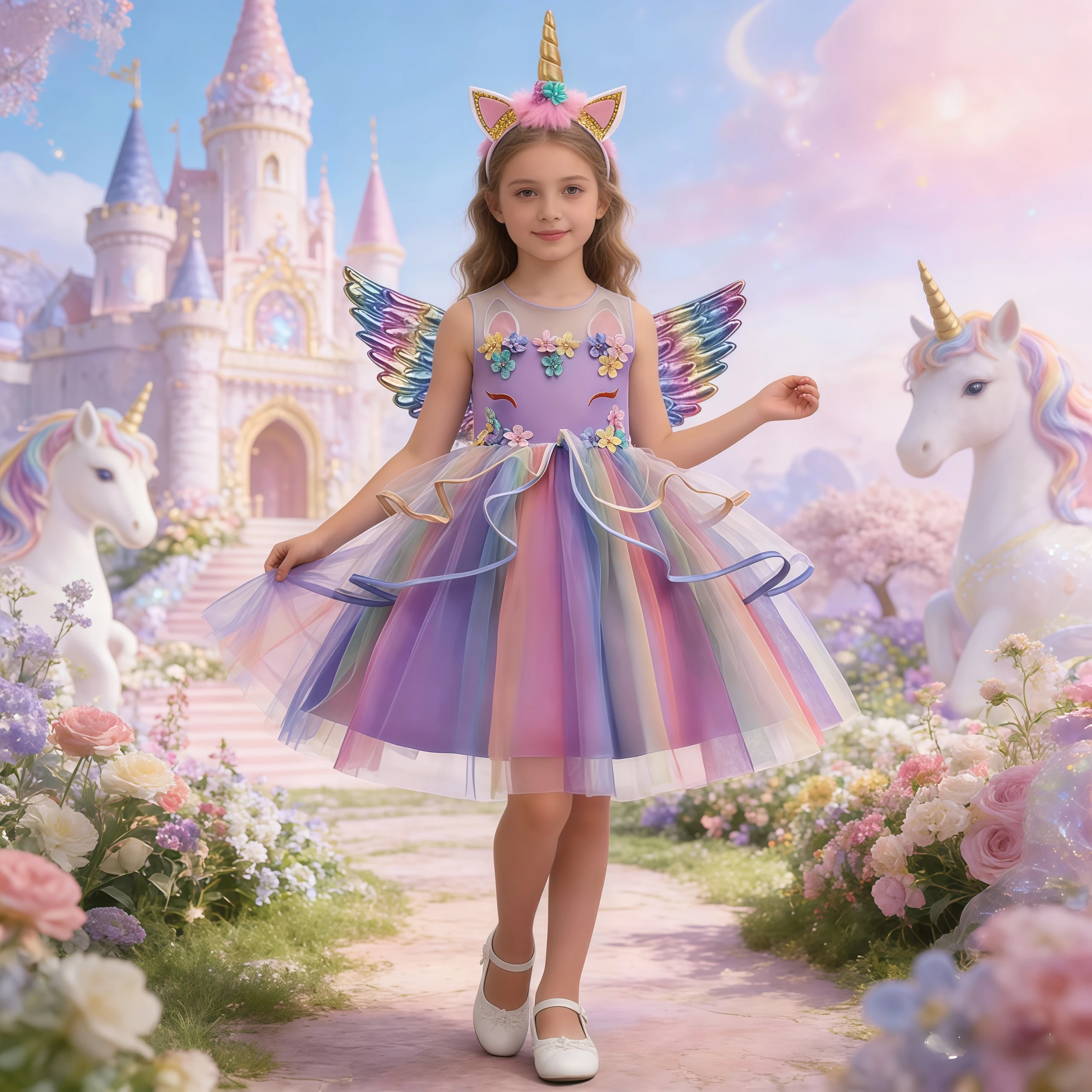 Vestido de princesa de malla de unicornio sin mangas bordado para niña de ensueño con ala de aro para el pelo para niños actuación de fiesta regalo de cumpleaños 2-10T
