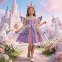 Dreamy Girl Embroidery Sleeveless Unicorn Mesh Princess Dress With Hair Hoop Wing For Kids Party Performance Birthday Gift 2-10T