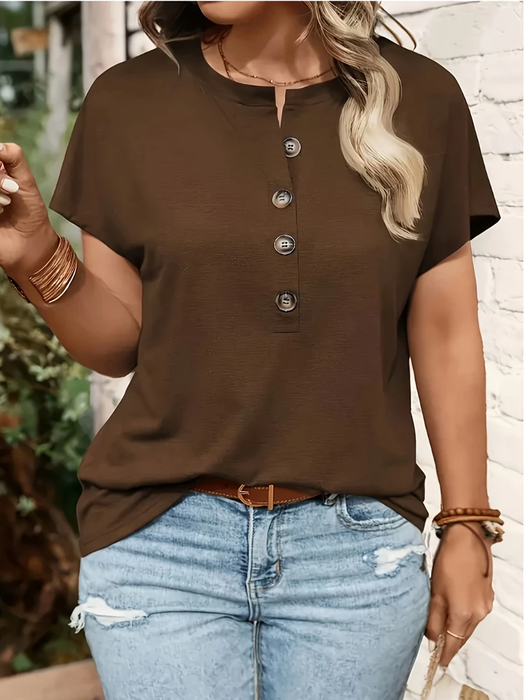 

Plus Size Solid Colour Chest Button Round Neck T Shirt Short Sleeve Casual Loose Commuter Style Home Simple