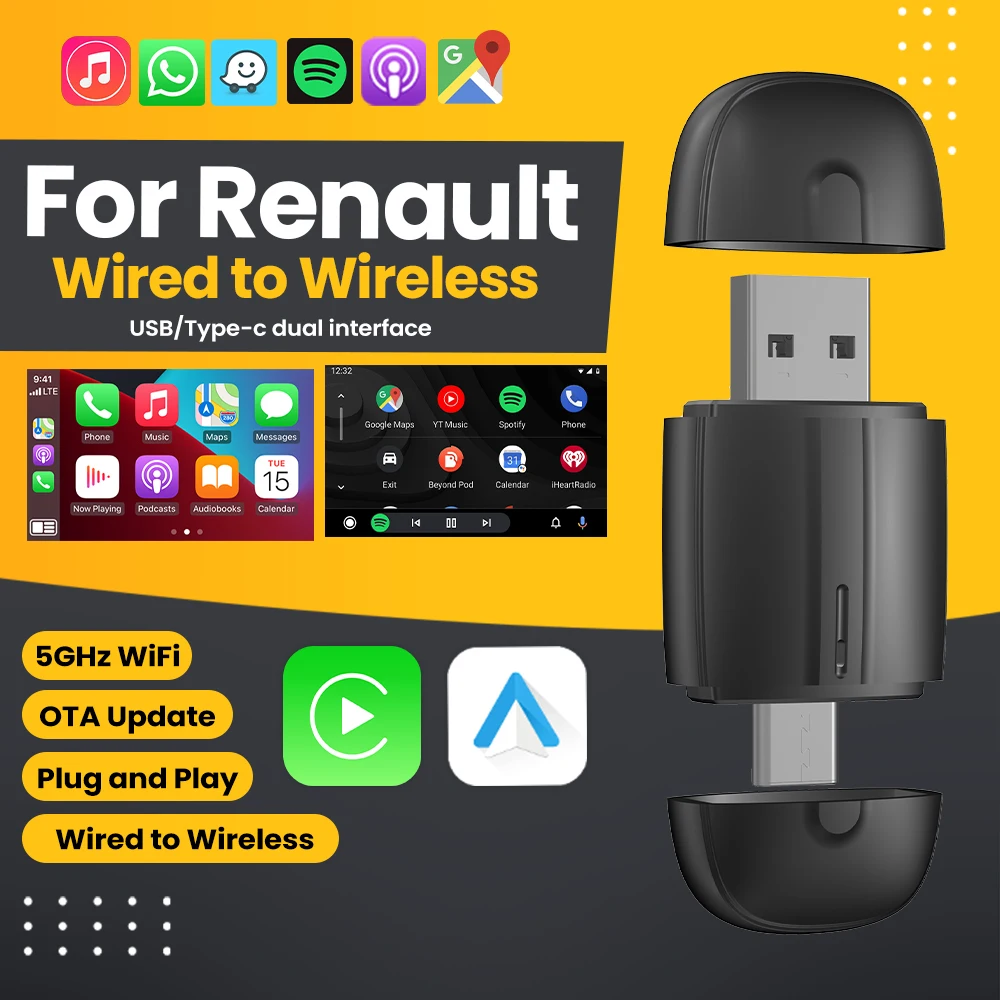 محول Android Auto اللاسلكي، محول CarPlay USB من النوع C 2 في 1 لسيارة Renault Twingo Duster Espace Fluence Kadjar Talisman Captur