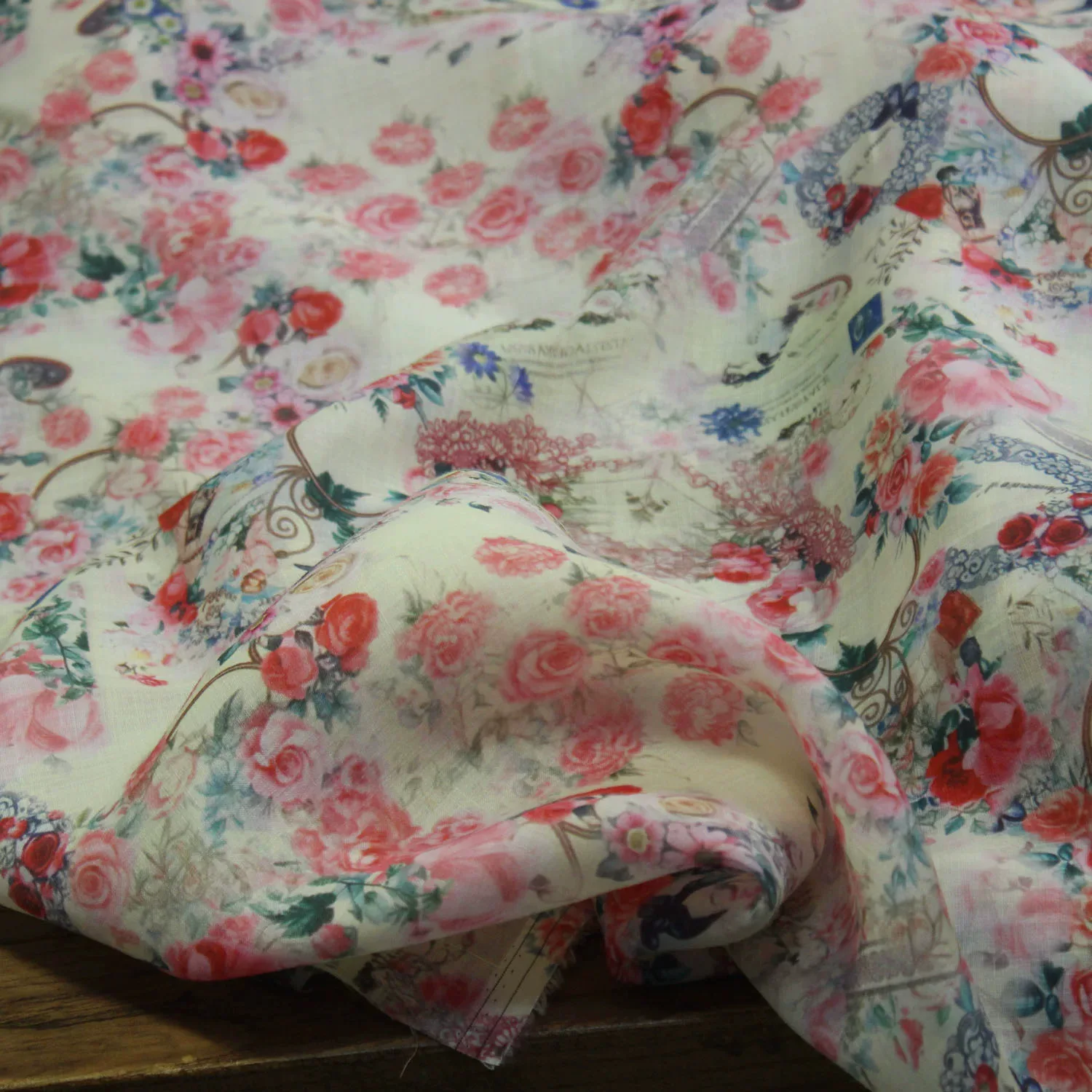 

1yard pure ramie fabrics for clothing Rose flower print tela one-piece dress cheongsam shirt sewing fabric