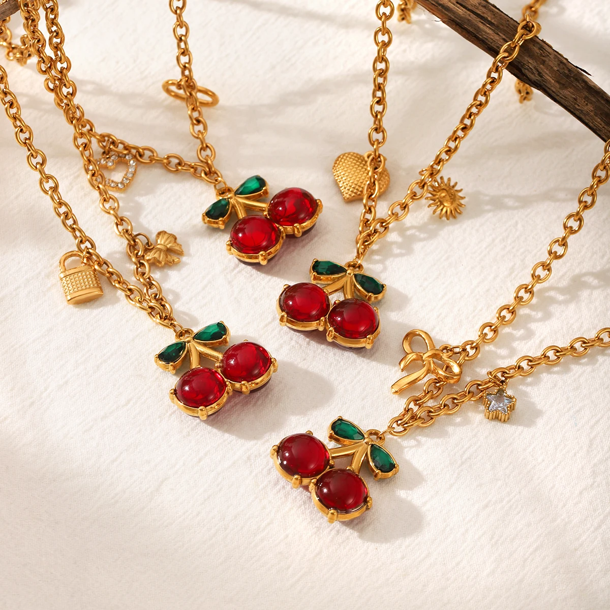 Huang Chao New Red Zircon Cherry Fruit Pendant Series Stainless Steel Heart Pendant Necklace Bow Accessory Holiday Gift