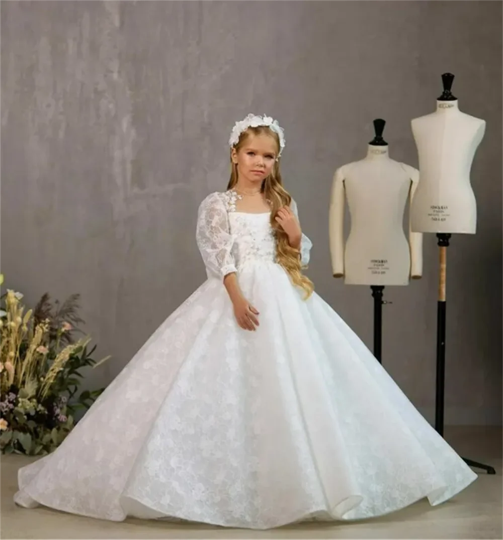 

Flower Girl Dress White Tulle Lace Applique Wedding Elegant Litter Flower Child's First Princess Eucharist Birthday Party Dress