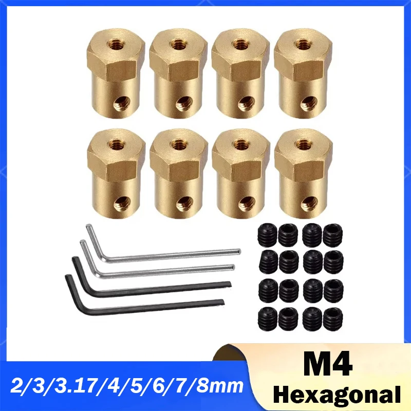 1Pcs 2/3/3.17/4/5/6/7/8mm Hexagonal Brass Shaft Coupling Motor Transmission Connector with Screws Wrench Model Car Wheels Tires