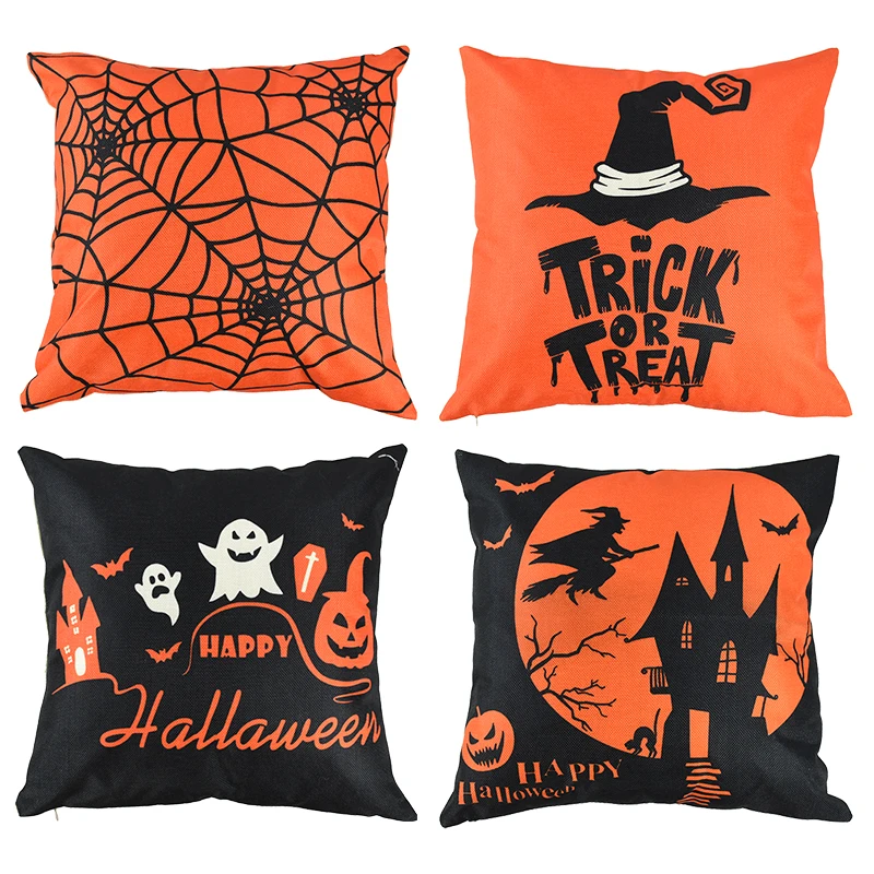 4pcs Halloween Decoration Pillow Case 45x45cm Pillow Cover Pumpkin Ghost Witch Hat Print Cushion Cover Halloween Home Decoration