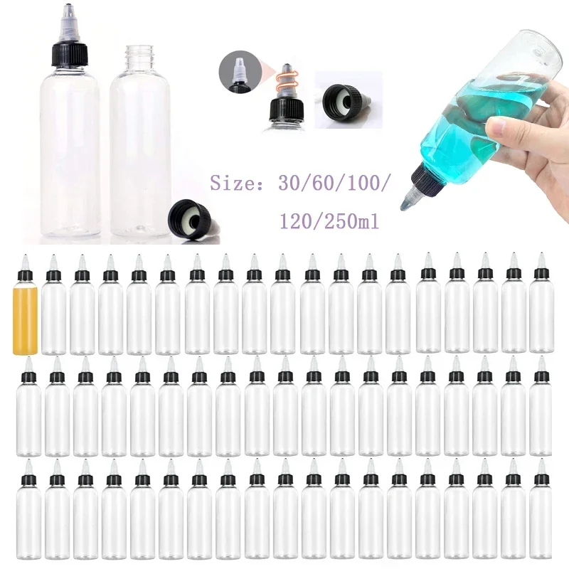 10 Buah 30Ml-120Ml Botol Pencet Plastik Bening dengan Tutup Putar Hitam Wadah Botol Penetes Perjalanan Kosong untuk Tinta Tato DIY