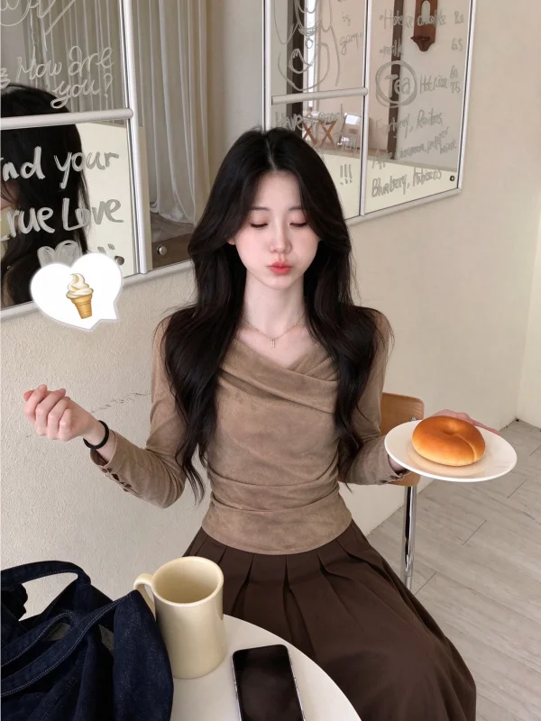 Autumn Long Sleeve Women's T-shirt Waist Cinched Unique Style Collarless Top Casual Comfortable Breathable Fashionable